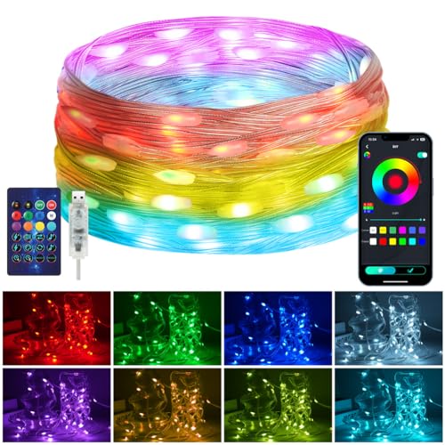 HOTUT 10M RGBIC LED Lichterkette Außen, Bunt Farbwechsel Lichtschlauch mit Fernbedienung & App Steuerung, Musik Sync, Timer, 99+ Modi, wasserdicht Smart Fairy Lichterkette für Dekoration von HOTUT