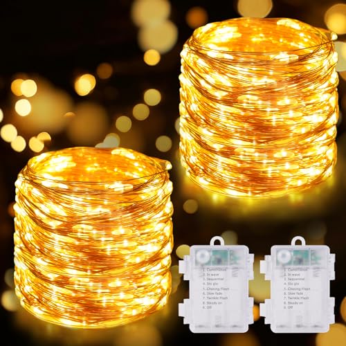 HOTUT Lichterkette Batterie, 2PCS LED Lichterkette,10m100LED Warmweiß Innen Lichterketten,8 Modi Weihnachtsbeleuchtung, Lichterkette Innen für Weihnachten, Schlafzimmer, Party,Hochzeit,Garten von HOTUT