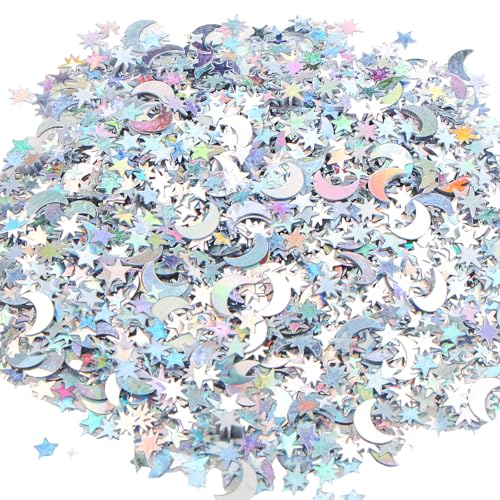 HOTUT Sterne Mond Konfetti Silber, 45g Glitzersterne Konfetti Streudeko Weihnachten, Sterne Mond Pailletten Confetti Tischdeko für Hochzeit, Geburtstag, Partys, Jubiläen (LaserSilber) von HOTUT