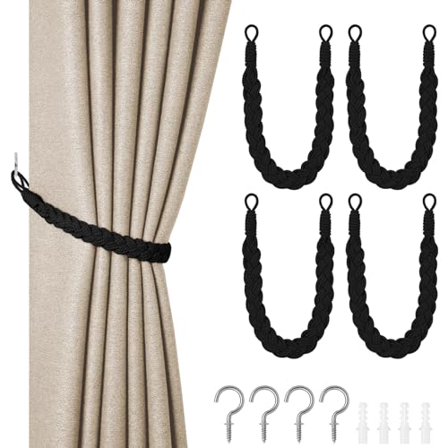HOTUT Vorhang Raffhalter, 4 Stück Curtain Rope Buckle, Handgestrickte Vorhang-Raffhalter, Vorhangbinder, Gardinen Raffhalter für Haus Office, Wohnzimmer, Schlafzimmer-Schwarz HOTUT Vorhang Raffhalter, 4 Stück Curtain Rope Buckle, Handgestrickte Vorhang-Raffhalter, Vorhangbinder, Gardinen Raffhalter für Haus Office, Wohnzimmer, Schlafzimmer-Schwarz von HOTUT