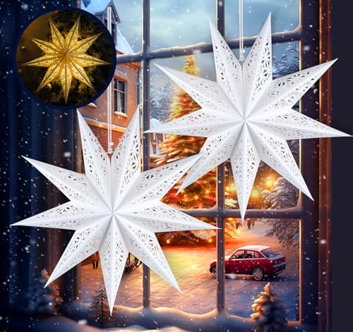 HOUISM Papierstern Lampenschirm 2Stück, Papier Lantern zum Aufhängen Faltsterne Weiß Papierstern Beleuchtet für Weihnachtsbaumspitze Hochzeit Silvester Party Fensterdeko(Inc. 3er Lichterkette) von HOUISM