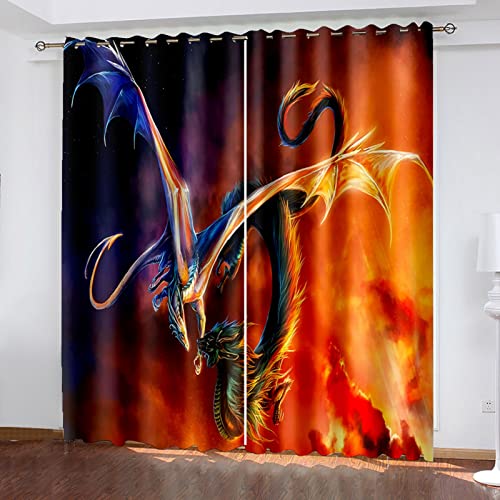 Vorhänge Kinderzimmer Blickdicht 3D Flammender Tierischer Drache Dekor Schlafzimmer 220x210 Cm Vorhang Ösenschal Verdunkelungsvorhang, Verdunkelungs Vorhänge Kinder , Digitaldruck Gardinen Wohnzimme von HOUKAI