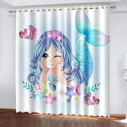 Vorhänge Kurz Fenster Wohnzimmer 3D Niedliche Blaue Meerjungfrau Vorhang Verdunkelung Blickdicht Gardinen 140x160 Cm Vorhänge Schlafzimmer Mit Muster Modern 2Er Set, Vorhänge Für Kinder Mit Ösen von HOUKAI