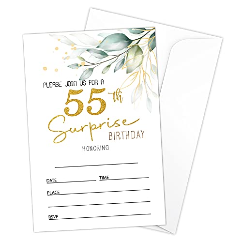 HOUSPEAK Einladungskarten zum 55. Geburtstag mit Umschlägen (20 Stück), Greenery Surprise Geburtstagsparty-Zubehör, Dekorationen, Geburtstagseinladungen für Frauen/Mann – B07 von HOUSPEAK