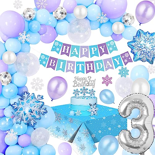3 Jahre Frozen Geburtstagsdeko, Elsa Geburtstagsparty Deko, Eis Schnee Prinzessin Deko Geburtstag 3 mit Tischdecke, Blau Lila Frozen Ballon Girlande Set für Mädchen 3. Geburtstag Dekorationen von HOUSTAR