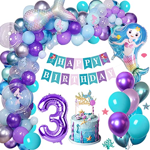 3. Meerjungfrau Geburtstags Deko Mädchen,Mermaid Balloon Arch Kit mit Birthday Banner Cake Topper Meerjungfrau Schwanz Foil Luftballons,3 Jahre Meerjungfrau Kindergeburtstag Deko von HOUSTAR