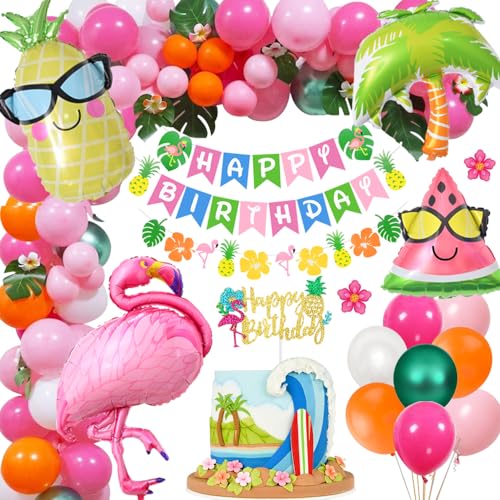 Hawaii Deko Flamingo Ballons, HOUSTAR Tropische Luftballon Girlande Flamingo Tropical Balloon mit Geburtstags Banner, Palmblatt Hawaiian Luftballons für Luau Sommer Tropische Themen Party Dekoration von HOUSTAR
