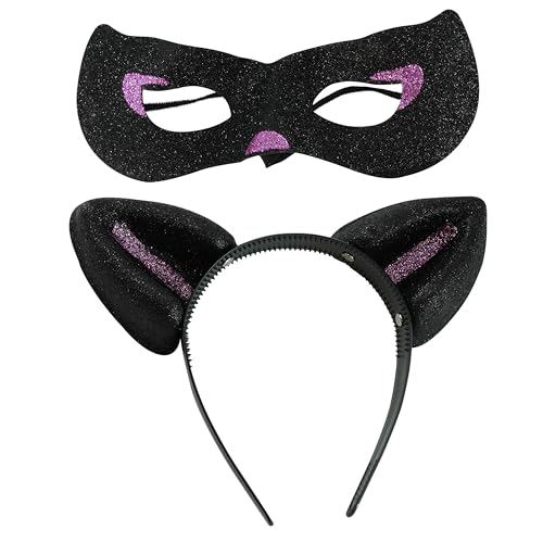 2Pcs Black Glitter Halloween Cat Ear Headband and Mask Set, Party Supplies for Women and Girls, Accessories for Halloween Haunted House Costume, Carnival and Cosplay von HOVUK