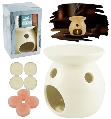 9-teiliges Keramik-Wachsbrenner-Geschenk-Set - inklusive weißem Teelicht und rosa Duftwachs für Aromatherapie, Ölbrenner mit Wex für Zuhause, Schlafzimmer, Dekoration und Geschenk an besonderen Tagen von HOVUK