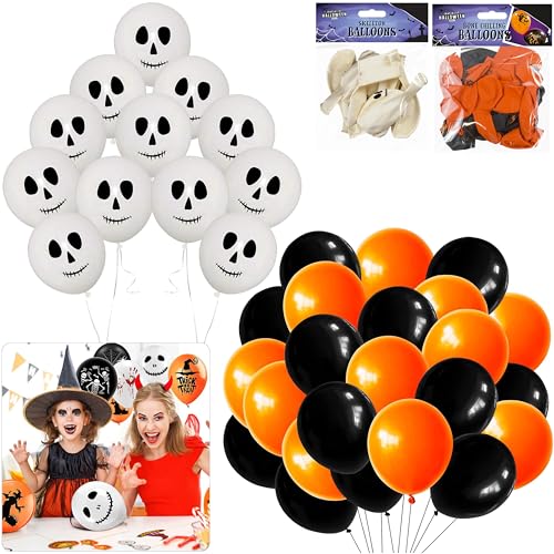 Fangtastic Halloween Party Bone Chilling Balloons 24Pk and Skeleton Balloons 15Pk, Black and Orange Balloons 18.5cm, White Halloween Balloons 21cm von HOVUK