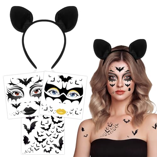 HOWAF 1 x Halloween-Fledermaus-Ohr-Stirnband + 4 Bögen Fledermaus-Gesichtstattoos für Fledermäuse, Kostüme, Zubehör, Damen, Halloween, schwarze Fledermäuse, Cosplay, Erwachsene, Gesichtsaufkleber von HOWAF