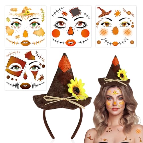 HOWAF 1 x Halloween-Vogelscheuchen-Hut-Stirnband + 4 Bögen Vogelscheuchen-Gesichtstattoos für Vogelscheuchen, Kostümzubehör, Vogelscheuchen, Cosplay, Erwachsene, Damen, Vogelscheuchen von HOWAF