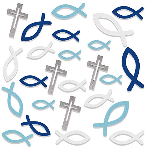 HOWAF 100pcs Holz Fische Kreuz Deko für Taufe Kommunion Konfirmation, Blau Fische Streudeko für Taufe Tischdeko, Fische Kreuz Junge Kommunion Dekoration von HOWAF