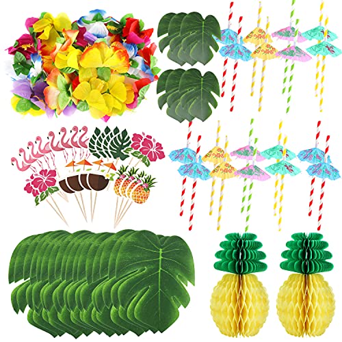 HOWAF 111 Stück Hawaii Party Deko Set, Künstliche Palmenblätter und Hawaiianische Blumen, Papier Strohhalme, Ananas, Kuchendeckel für BBQ Tropischen Garten Geburtstags Beach Tiki Party Dekoration HOWAF 111 Stück Hawaii Party Deko Set, Künstliche Palmenblätter und Hawaiianische Blumen, Papier Strohhalme, Ananas, Kuchendeckel für BBQ Tropischen Garten Geburtstags Beach Tiki Party Dekoration von HOWAF