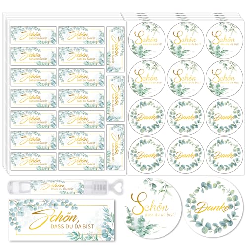HOWAF 12 Bögen-348pcs Aufkleber Schön dass du da bist, Sticker Hochzeit Gästebuch, Aufkleber Hochzeit Eukalyptus, Sticker Danke für Gastgeschenke Hochzeitsdeko, Taufe, Kommunion, Konfirmation von HOWAF