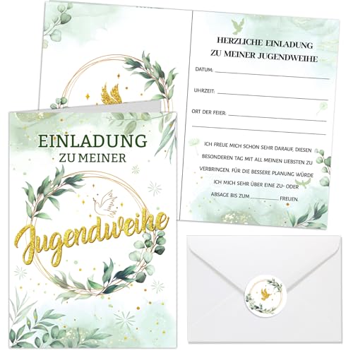 HOWAF 12 Einladungskarten Jugendweihe Junge Mädchen, Karte Jugendweihe Einladungskarten mit Umschlagen Aufkleber, Einladung Endlich Erwachsen Eucalyptus für Jugendfeier Party von HOWAF