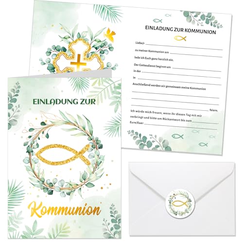 HOWAF 12 Einladungskarten Kommunion, Einladung Kommunion mit Umschlagen Aufkleber, Kommunion einladungskarten Erstkommunion Eucalyptus Fisch Einladungen Kommunion Karte für Jungen Mädchen von HOWAF