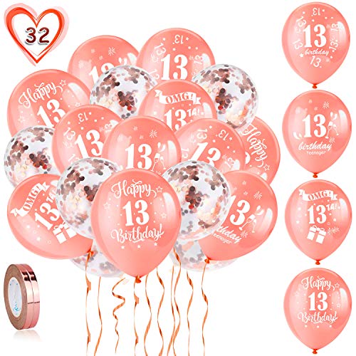 HOWAF 13. Geburtstag Luftballons, 30 Stück Rose Gold 13. Geburtstags Deko Ballons Latex Konfetti Luftballons & 2 Bänder für Teenager Mädchen 13. Geburtstag Party Dekorationen - 12 Zoll (Alter 13) von HOWAF