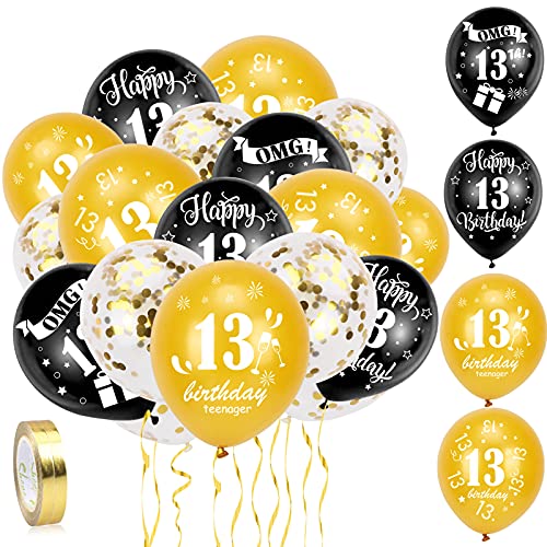 HOWAF 13. Geburtstag Luftballons, 30 Stück Schwarz Gold 13. Geburtstags Deko Ballons Latex Konfetti Luftballons & 2 Bänder für Mädchen Junge 13. Geburtstag Party Dekorationen - 12 Zoll (Alter 13) von HOWAF