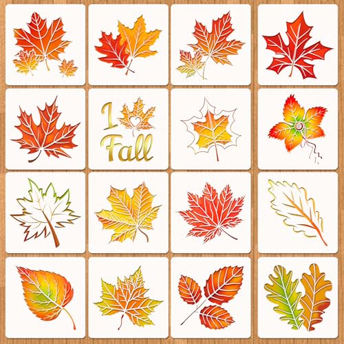 HOWAF 16 Stück Ahornblätter-Schablonen Herbstblätter, Zeichenvorlagen für Happy Fall Y'all, Party, Malerei, Wanddekoration, Herbst-Ginkgo-Blatt-Malschablone für Herbstsaison, Kunst, Handwerk, Holz von HOWAF