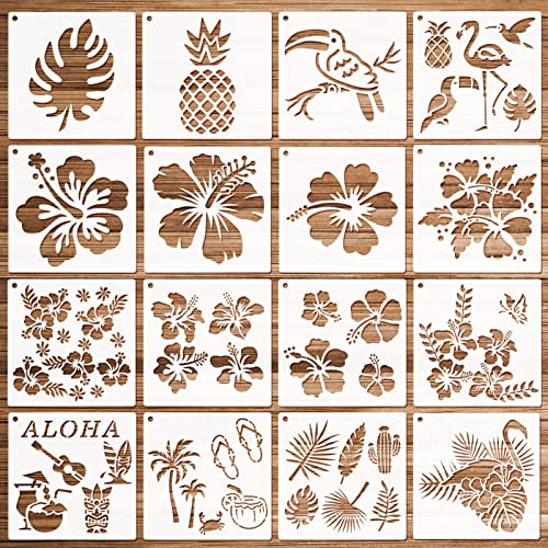 HOWAF 16 Stück Hawaii Thema Schablonen Zum Malen, Hibiskus Blumen Ananas Tropische Blätter Ananas Schablonen Malen Kunststoff Stencil Schablonen für Scrapbooking Handwerk DIY Schablonen Wandgestaltung von HOWAF