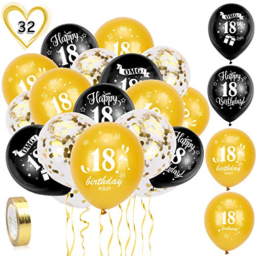 HOWAF 18. Geburtstag Luftballons, 30 Stück Schwarz Gold 18. Geburtstags Deko Ballons Latex Konfetti Luftballons & 2 Bänder für Mädchen Junge 18. Geburtstag Party Dekorationen - 12 Zoll (Alter 18) von HOWAF