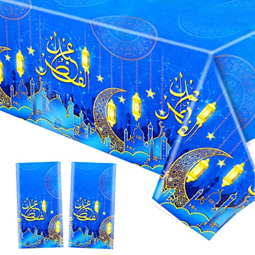 HOWAF 2 Ramadan Tischdecke Eid Mubarak Einweg-Kunststoff-Tischdecken, PVC Mond Stern Rechteck Tischdecke Ramadan Tischdecken Wasserdicht für Ramadan Dekoration Eid Mubarak Dekoration, Blau von HOWAF