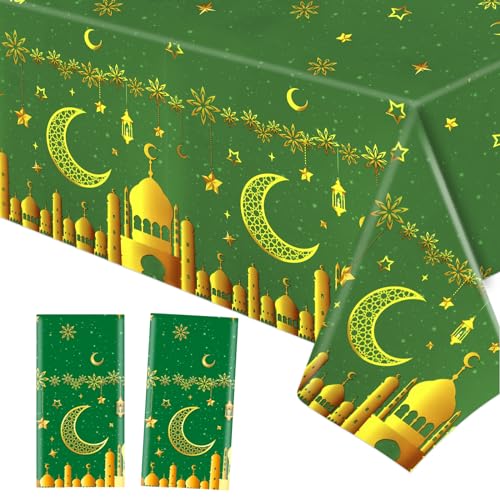 HOWAF 2 Ramadan Tischdecke Eid Mubarak Einweg-Kunststoff-Tischdecken, PVC Rechteck Tischdecke Ramadan Tischdecken Wasserdicht Party Tischdecke für Ramadan Dekoration Eid Mubarak Dekoration, Grün von HOWAF