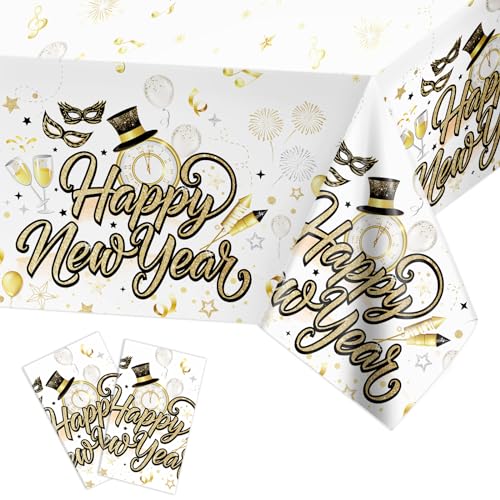 HOWAF 2 Tischdecke Silvester Deko 2024, Silvester Tischdecke Einweg-Kunststoff-Tischdecken PVC Neujahr Tischdecke Happy New Year Rechteck Tischdecken Wasserdicht Silvester Tischdeko Neujahrsdeko von HOWAF