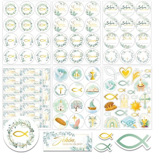 HOWAF 24 Bögen-356pcs Aufkleber Kommunion Konfirmation Taufe, Fisch Eukalyptus Aufkleber Schön DASS du da bist, Aufkleber Danke Kommunion Sticker für Taufe Konfirmation Erstkommunion Kommunion Deko HOWAF 24 Bögen-356pcs Aufkleber Kommunion Konfirmation Taufe, Fisch Eukalyptus Aufkleber Schön DASS du da bist, Aufkleber Danke Kommunion Sticker für Taufe Konfirmation Erstkommunion Kommunion Deko von HOWAF
