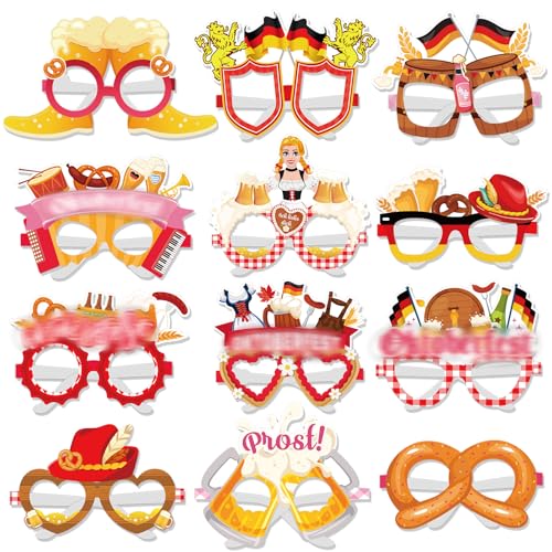 HOWAF 24 Stück Oktoberfest Foto Requisiten Partybrille Damen, Bier Brezel Wurst Papier Brillen für Oktoberfest Kostüm Damen Bayrisch Wiesn Kostüm, Rot Weiß von HOWAF