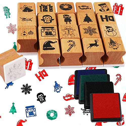 HOWAF 24pcs Weihnachten Hölzern Stempel Set mit Stempelkissen, Weihnachten Stempel für Kinder Drucken Basteln, Stempel für Kinder DIY Scrapbooks Weihnachten Geschenke Gastgeschenk Kindergeburtstag von HOWAF