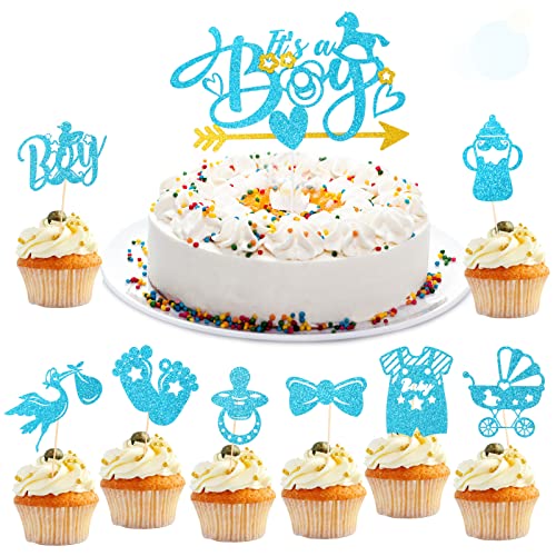 HOWAF 25 Babyparty Deko Junge, Tortendeko Babyparty Its A Boy Cake Topper Baby Cupcake Toppers Babyparty Tortendeko Baby Shower Cupcake Kuchen Deko für Gender Reveal Party Deko Baby Party Dekoration von HOWAF