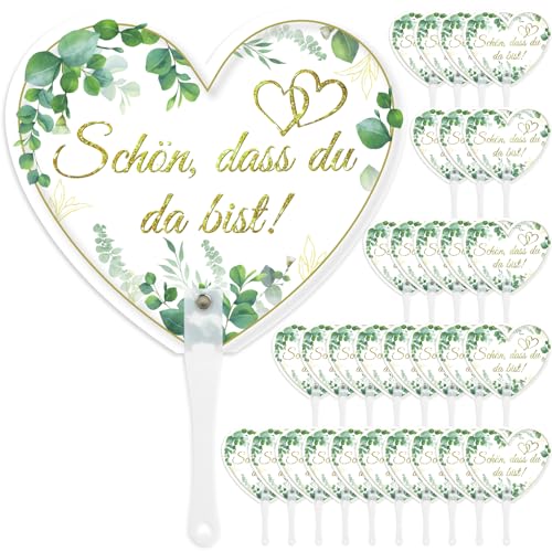 HOWAF 30 STK Fächer Hochzeit, Weiß Herzform Hochzeit Handfächer Klein Schön DASS Du Da Bist Hochzeitsfächer im Eukalyptus Design für Gastgeschenke Hochzeit Gäste Sommer Hochzeitsdeko Geburtstag Party von HOWAF