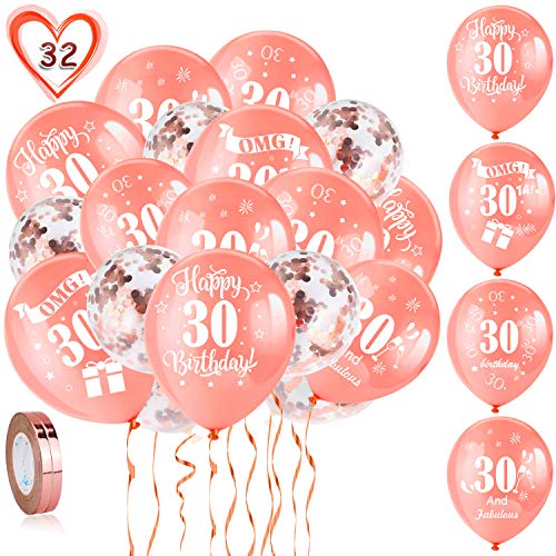 HOWAF 30. Geburtstag Luftballons, 30 Stück Rose Gold 30. Geburtstags Deko Ballons Latex Konfetti Luftballons & 2 Bänder für Männer Frauen 30. Geburtstag Party Dekorationen - 12 Zoll (Alter 30) von HOWAF