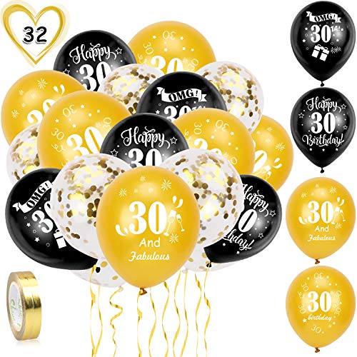 HOWAF 30. Geburtstag Luftballons, 30 Stück Schwarz Gold 30. Geburtstags Deko Ballons Latex Konfetti Luftballons & 2 Bänder für Männer Frauen 30. Geburtstag Party Dekorationen - 12 Zoll (Alter 30) von HOWAF