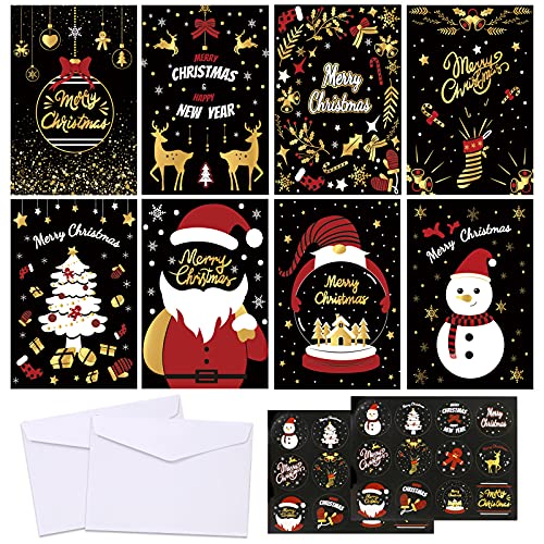 HOWAF 32er Set Schwarze Weihnachtskarten mit Umschlägen und Aufklebern, Weihnachtsbaum Rentier Weihnachtsmann Motiv Klappkarten Grußkarten Blanko Weihnachtspostkarten für Weihnachtsgrüße von HOWAF