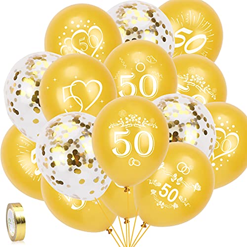 HOWAF 35pcs Goldene Hochzeit 50 Luftballons für Goldene Hochzeit Deko, Gold 50. Latexballons und Gold Konfetti Luftballons, Gold Luftballons für 50. Geburtstag Deko 50. Hochzeitstag, 7 Stil, 12 Zoll von HOWAF