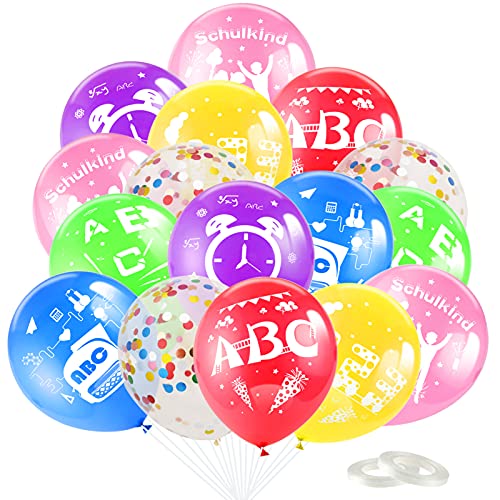 HOWAF 35x Luftballons für Schuleinführung, Einschulung Deko Junge und Mädchen, Schulanfang Konfetti Luftballons Set Schulanfang Schulstart Deko Latex Ballons mit ABC und 123 Motiv im Farbmix von HOWAF