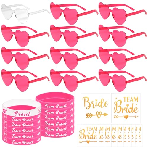 HOWAF 36 Stück JGA Accessoires Frauen, 12 JGA Brillen Herz Sonnenbrille + 12 JGA Deko Armbänder Frauen Silikonarmband + 12 Team Bride Tattoos Hochzeit, Junggesellenabschied Frauen, Bride to Be Deko von HOWAF