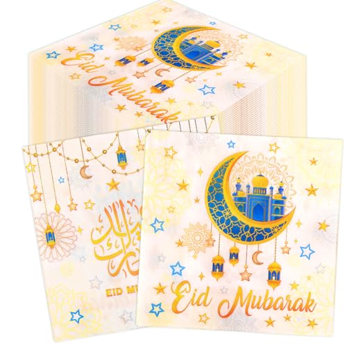 HOWAF 40 Stück Eid Mubarak Servietten, Eid Servietten Ramadan Servietten Eid Mubarak Papierservietten Tissue Stern Mond Eid Mubarak Tischdeko für Eid Mubarak Dekoration Ramadan Deko, 33x33 cm von HOWAF