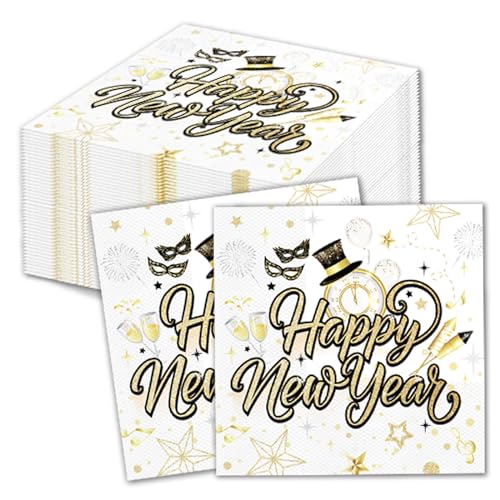 HOWAF 40 Stück Servietten Silvester, Silvester Servietten 2024 Happy New Year Servietten Neujahr Papierservietten Tissue Silvester Tischdeko für Silvester Deko 2024 Tischdeko Neujahrsdeko, 33x33 cm von HOWAF