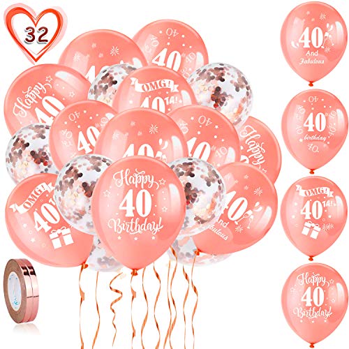 HOWAF 40. Geburtstag Luftballons, 30 Stück Rose Gold 40. Geburtstags Deko Ballons Latex Konfetti Luftballons & 2 Bänder für Männer Frauen 40. Geburtstag Party Dekorationen - 12 Zoll (Alter 40) von HOWAF