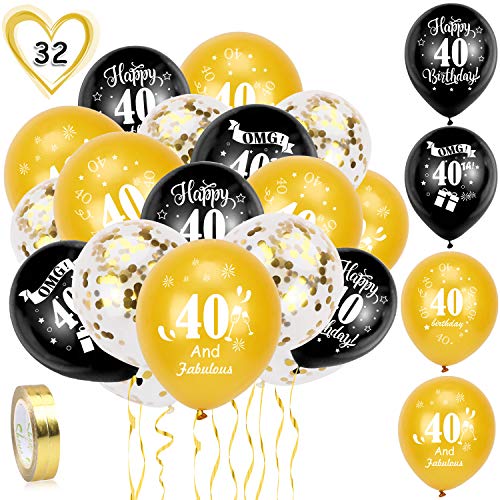 HOWAF 40. Geburtstag Luftballons, 30 Stück Schwarz Gold 40. Geburtstags Deko Ballons Latex Konfetti Luftballons & 2 Bänder für Männer Frauen 40. Geburtstag Party Dekorationen - 12 Zoll (Alter 40) von HOWAF