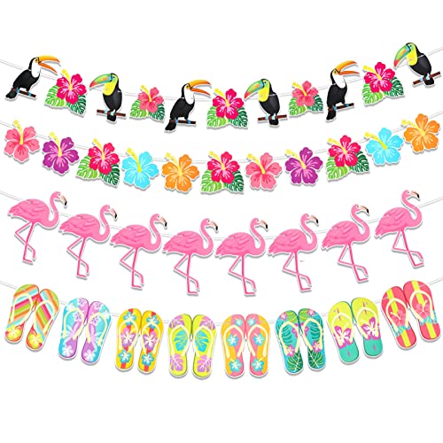 HOWAF Hawaii Banner, 4Pcs Hawaii Flamingo Flip Flops Hibiskus Tropische Vogel Bunting Banner Girlande für Hawaii Tropische Sommer Geburtstag Deko Garten Luau Tiki Beach Party Deko Girlande Sommer von HOWAF