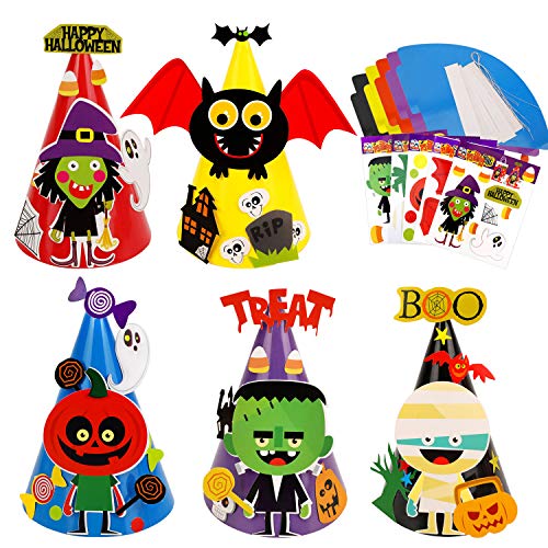 HOWAF 5 Pack Halloween Hüte für Kinder DIY Partyhüte Basteln Aktivität Zubehör Halloween Kostüme Verkleiden Liefert, Hexe Schläger Kürbis Zombie Mumie Hüte Papier Bastelset Halloween von HOWAF