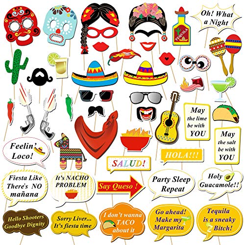 HOWAF 56 Stück Mexiko Fiesta Photo Booth Props Geburtstag Foto Requisiten Fotobox Accessoires Hüte Brillen Masken für Cinco de Mayo Fiesta mexikanisch Party deko von HOWAF