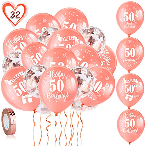 HOWAF 50. Geburtstag Luftballons, 30 Stück Rose Gold 50. Geburtstags Deko Ballons Latex Konfetti Luftballons & 2 Bänder für Männer Frauen 50. Geburtstag Party Dekorationen - 12 Zoll (Alter 50) von HOWAF