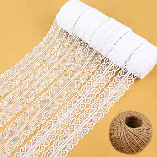 HOWAF 50M Spitzenbordüre Spitzenband Weiß Vintage, schleifenband Hochzeit Geschenkband, Weiss Spitzenborte Zum Basteln Nähen Weihnachten Hochzeit Deko DIY Handwerk Tischdeko (5 Rolls) von HOWAF