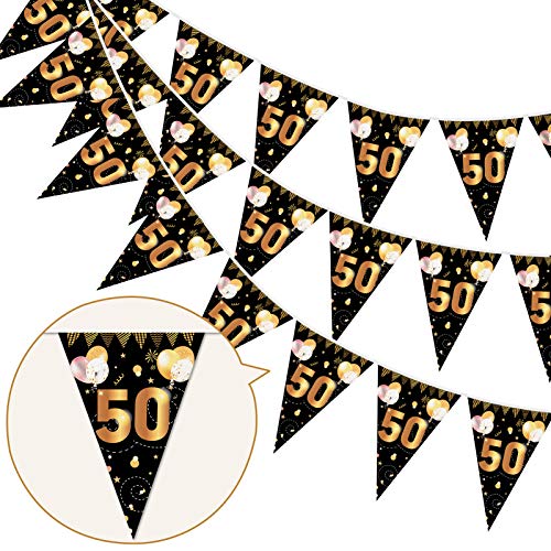 HOWAF 50. Geburtstag Banner Girlande 50" Wimpel Girlande Bunting zum Aufhängen Wimpelkette für Frau Mann 50. Geburtstag Party Dekoration Geburtstags Deko Schwarz Gold von HOWAF